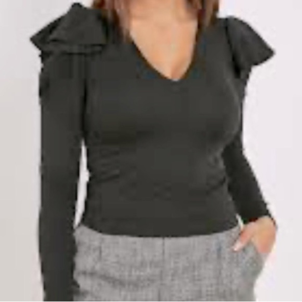 TRUTH by Republic Rayon Ruffled  Shoulder Black Sweater NWOT